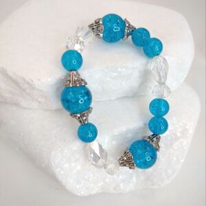 Bubble Jewelry Bracelet Blue Beads and Crystals Stretch